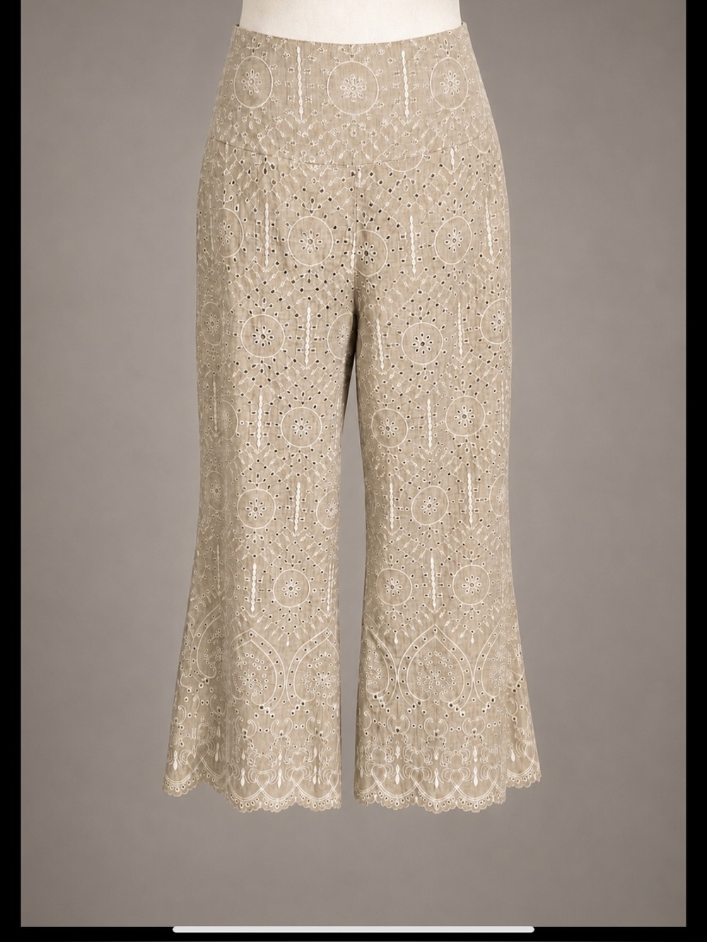 Sundance Menara Eyelet Linen Blend Wide Leg Crop Pants L Embroidered